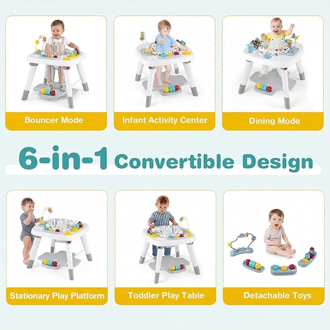 BABY JOY 6-in-1 Baby Activity Center, Baby Jumper & Interactive Play Table with 360° Rotating Seat, Detachable Toys & Music, Montessori-Inspired, Activity Center for Infant Toddlers 6-36 Months (Gray)