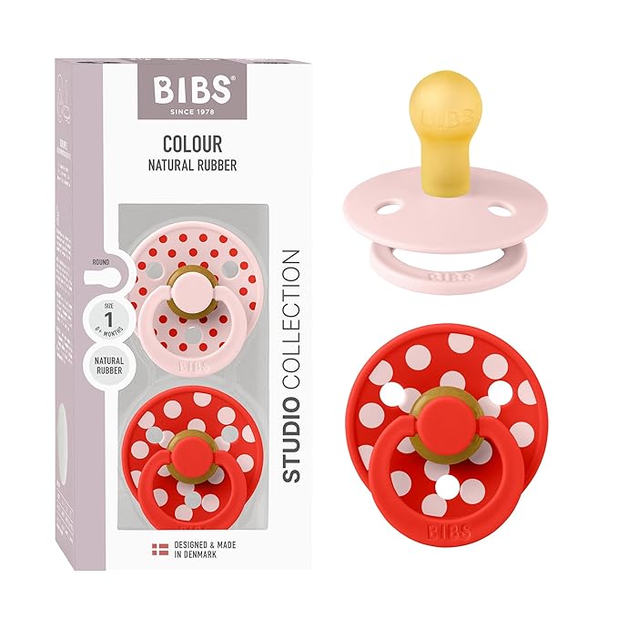 BIBS Polka Dots Pacifier 2-Pack, BPA Free Pacifiers with a Round Latex Nipple, Made in Scandinavia, Size 1 (0-6 Months), Blossom/Candy Apple