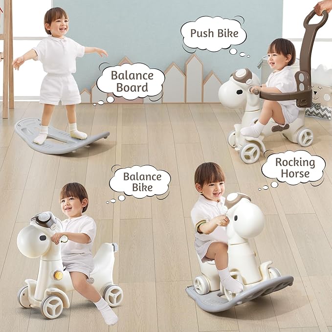 4 in 1 Rocking Horse for Toddlers 1-3 Years Old, Baby Rocking Toy Fun Birthday Gift for 1+ Kids, Ride on Toy with Guard Rails, Detachable Balance Board and Footrest with Push Handle (Brown)