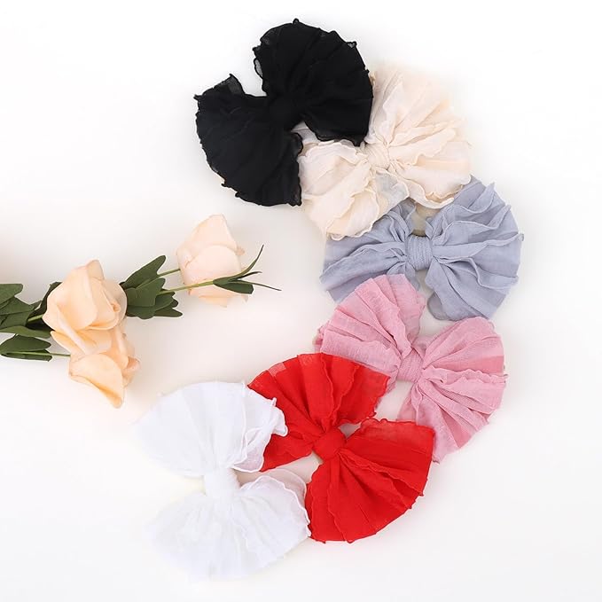 YanJie Baby Girl Bows Nylon Lace Baby Headbands Handmade Soft Elastics Newborn Bows Ruffled Big Bow Hair Accessories for Infant Baby Toddlers Girls Black White Beige Red Pink Blue