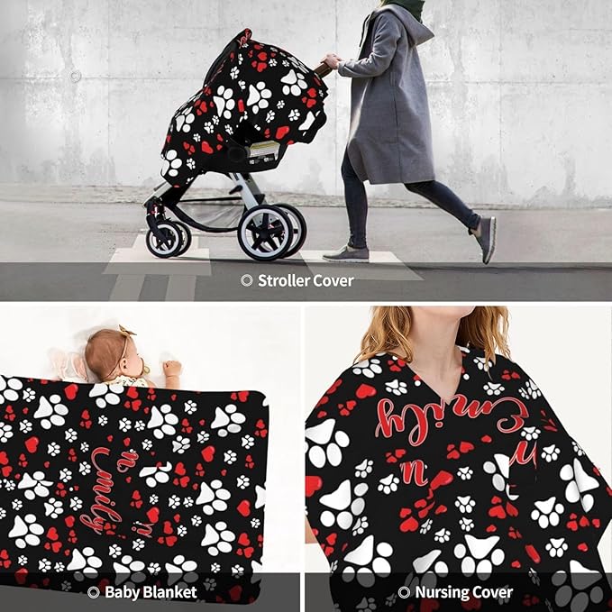 Custom Baby Car Seat Cover with Name – Personalized Dog Paw Nursing Cover, Infant Carseat Canopy, Shopping Cart Cover – Soft, Breathable & Warm – Ideal Shower Gift for Baby Girls & Boys