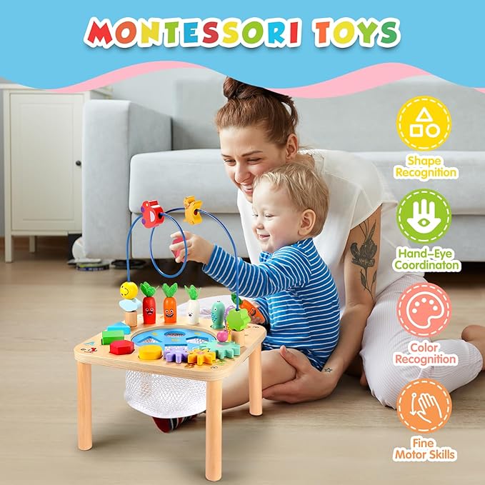 WINGYZ Activity Table, 6 in 1 Wooden Montessori Activity Center with Bead Maze Shape Sorter Fishing Game, Kids Sensory Play Table Toddler Toys 1st Birthday Gifts Boy Girl(Rainbow)