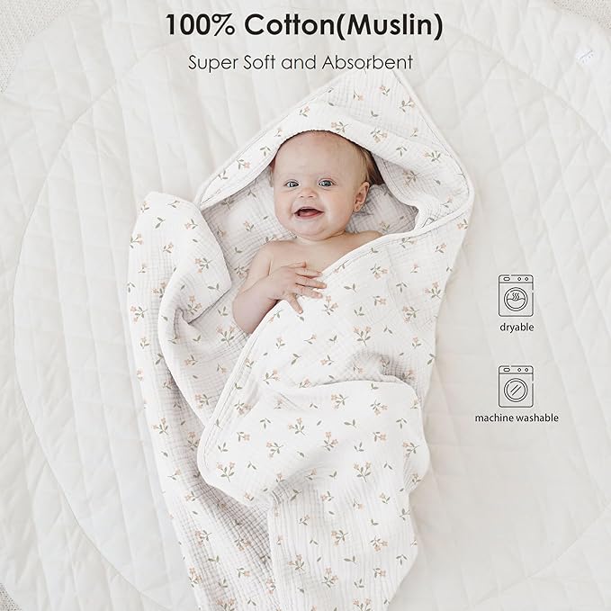 MairMore Muslin Baby Towels with Hood for Newborn 100% Cotton Baby Bath Towels Soft & Absorbent Hooded Baby Towel for Boys and Girls, Large Size - 32 * 32 Inches