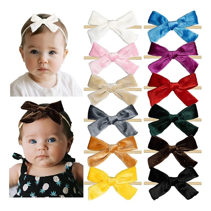 Baby Girls Christmas Velvet Hair Bow Headbands, Velour Bowknot Nylon Elastic Headband 12 Pcs for Newborn Infant Toddler Girls (25velvet NB 12pcs)
