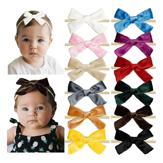 Baby Girls Christmas Velvet Hair Bow Headbands, Velour Bowknot Nylon Elastic Headband 12 Pcs for Newborn Infant Toddler Girls (25velvet NB 12pcs)