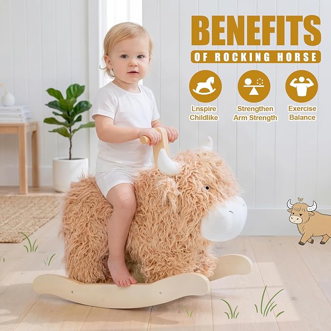 Baby Rocking Horse for 1 Year Old,Wooden Cow/Yak Horse Rocking with Wicker Plush Wooden Ride On Toy for 2 Years Old Girl&Boy Nursery Birthday Gift