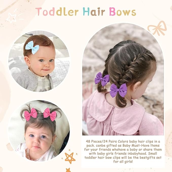 48PCS 2inch Baby Hair Clips, Oaoleer Baby Girls Fully Lined Hair Pins Tiny Hair Bows Alligator Clips for Girls Infants Toddlers 24 Colors in Pairs (Style G-48pcs)