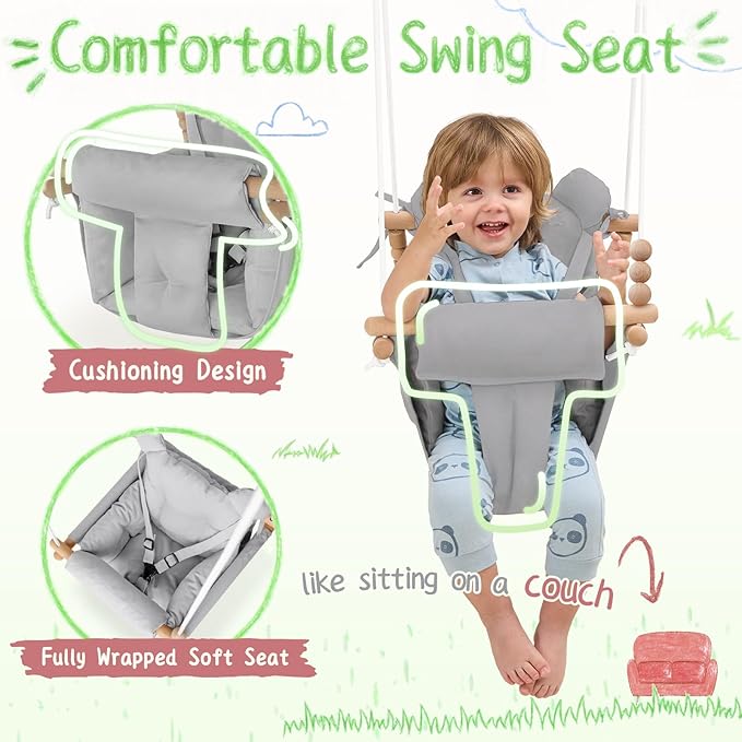 Baby Swing Indoor Outdoor,Secure Canvas Wooden Toddler Swing Seat, 3-Point Adjustable Safety Harness,Mounting Hardware Included,Gift for Boys and Girls, Grey