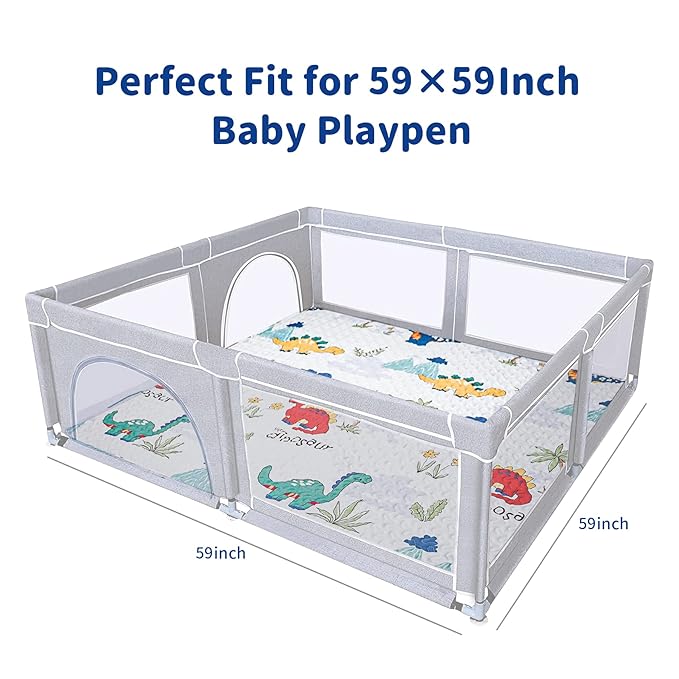 TANOSHII® Baby Play Mat for 59"x59" Playpen, Machine Washable Kids Mat, Cotton,Foldable Crawling Mat for Floor,One-Piece Crawling Mat Non Slip Baby Mat for Floor,Portable Travel(Dinosaur)