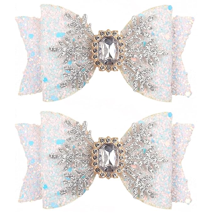 Christmas Snowflake Hair Bow Clips – Glitter White Snowflake Bow Hairpins for Women Girls Holiday Rhinestone Alligator Clips, Xmas Hair Accessories, Festive Holiday Bows Barrette Christmas Gift 2pcs