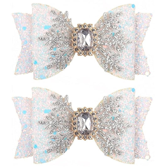 Christmas Snowflake Hair Bow Clips – Glitter White Snowflake Bow Hairpins for Women Girls Holiday Rhinestone Alligator Clips, Xmas Hair Accessories, Festive Holiday Bows Barrette Christmas Gift 2pcs