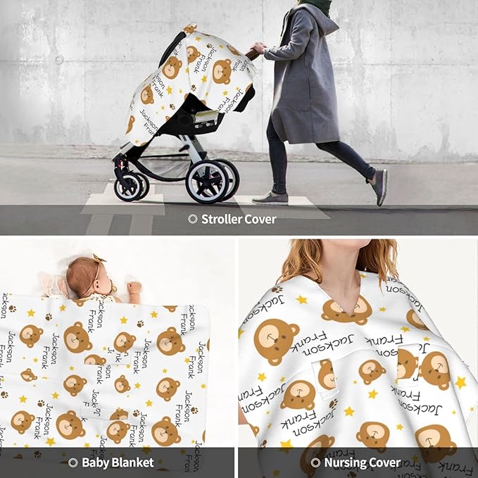 Personalized Baby Car Seat Cover Canopy with Name for Girls Boys Custom Bear Baby Carrier Covers