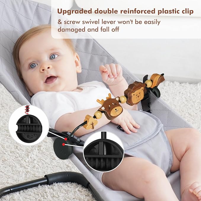 iGRATENS Three-Dimensional Baby Bjorn Bouncer Toy Bar, Toy for Baby Bouncer Soft & Bliss, Easy to Attach and Remove, 360°Rotating Natural Wooden Toys, Double-Sided Raised Design, Lion & Deer