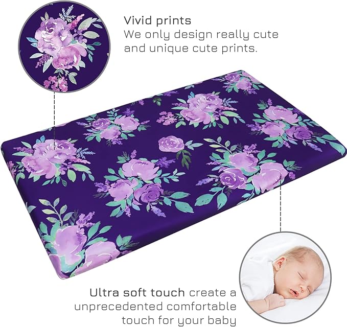 Pack N Play Sheets Portable Playard Mini Crib Mattress Sheet Soft Breathable Playard Cover for Baby Girl Purple Flower