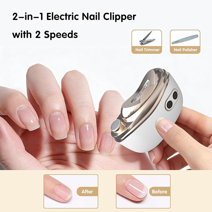 Bestkid Electric Nail File Baby with Polishing, 2-Speed Safety First Automatic Infant Nail Clipper with LED Light & Nail Craps Storage, White Smart Finger Nail Trimmer for Kids Adults Caregivers