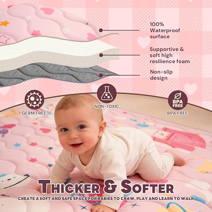 Wirhao Baby Play Mat for Floor, 71'' x 59'' Thicken Foam Soft Padded Mat for Baby, Playpen Mat for Toddlers Infant Kids, Machine Washable, Non-Slip Bottom Safe for Crawling (Pink)