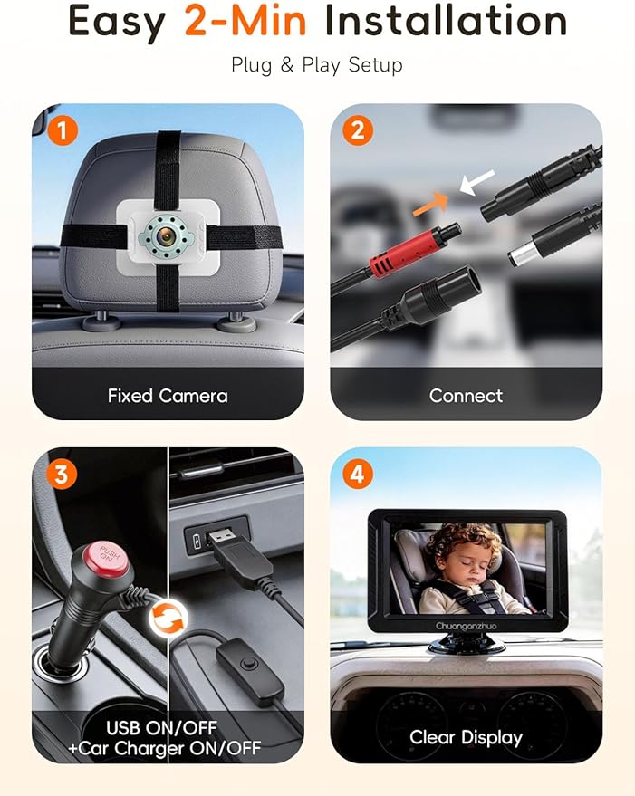 S100C Baby Car Camera with Crystal Clear Night Vision in Total Dark, USB Powered, Adjust Brightness & 1080P 5" IPS Monitor, 3X Zoom & 360° Rotating Car Seat Camera for Rear or Forward-Facing Infant