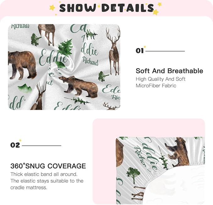 Personalized Pack and Play Sheets with Name, Custom Woodland Deer Bear Baby Mini Crib Sheets for Baby Boys Girls, Name Pack n Play, Fitted Sheet with Name, Soft and Breathable Material