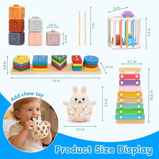 Baby Toys for 6-18 Months, 5-in-1 Montessori Educational Toy Set with Soft Teething Toy Stacking Blocks Rings Sensory Bin, Sorting Sensory Educational Learning Gift for Toddlers Aged 1-3