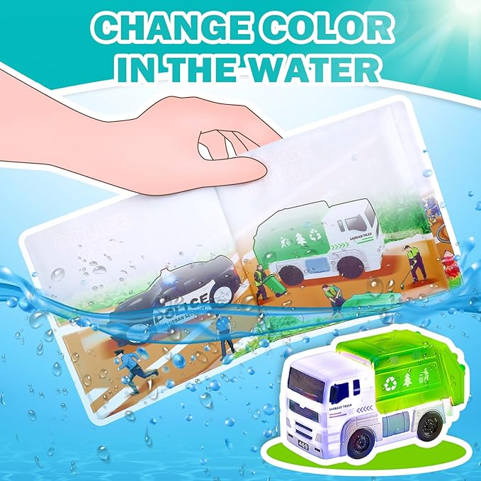 4 Floating Changing Color Light Up Bath Toy Car with Bath Book & Storage Bag, No Hole Realistic Car Bathtub Toys for Toddler Kid 18 month +, Bathroom Tub Pool Beach Swimming Party, Birthday Gift