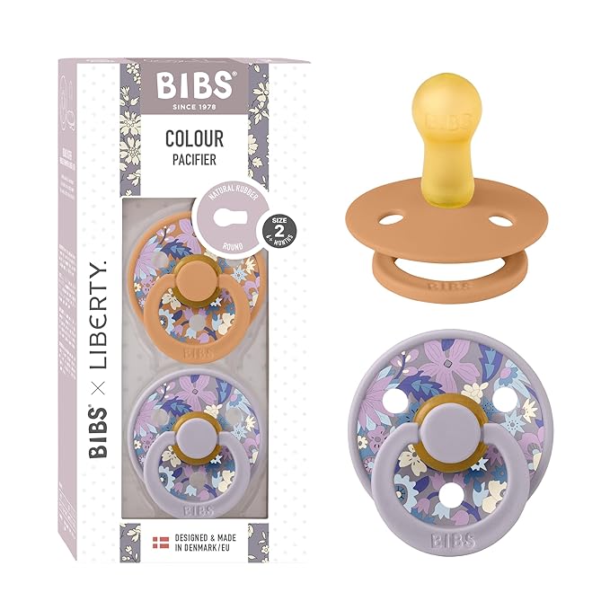 BiBS Liberty Pacifier 2-Pack, BPA Free Pacfiers with Natural Latex Round Nipple, Made in Scandinavia, Size 2 (6-18 Months), June Blossom Pumpkin Mix