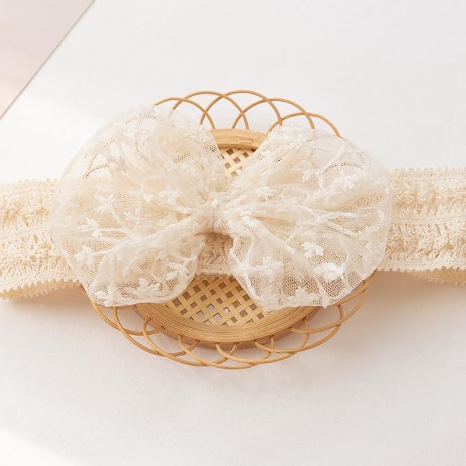 Baby Girls Bow Lace Headband Cute Soft Hairband White Butterfly Knot Headbands for Newborn Infants Toddlers Kids Christening Baptism Birthday Party Hair Accessories（Beige B）