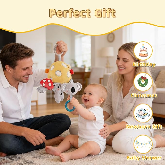 Musical Baby Pull Vibration Toy for Car Seat 6-12 Months, Travel Sensory Toy 3 Months, Montessori Plush Toys for Roadtrip with Crinkle Textures Flutter Squeaky Mirror Newborn Infant Gift