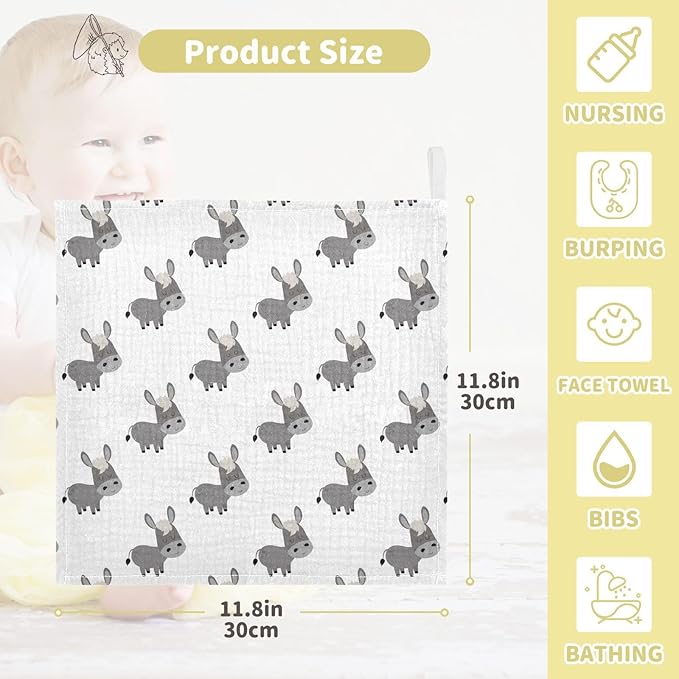 Cute Donkey Baby Washcloths Newborn Muslin Burp Cloths 3 Pack Soft Cotton Baby Face Bath Towel Drool Bibs for Infants, Girls and Boys 11.8 x 11.8 Inch