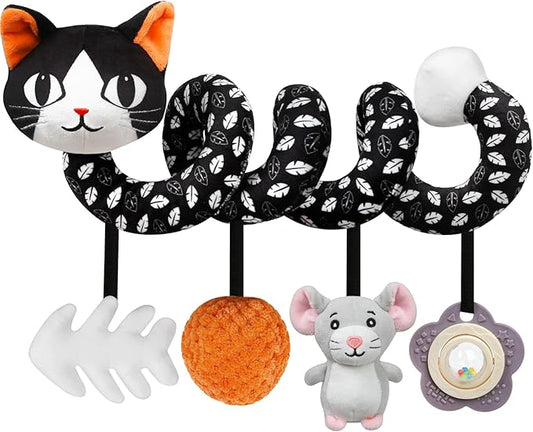 GKDOMS Baby Carseat Toy Black & White Rattle Spiral Hanging Activity Stroller Toy for Newborns Boys and Girls - Cat