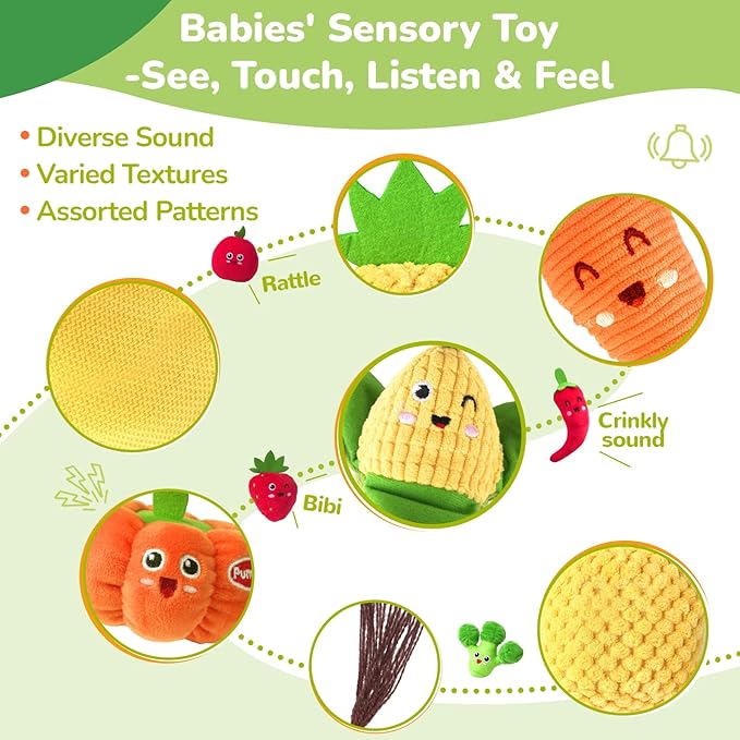 Baby Color Sorting Sensory Toys for 6-12 Months - 17 PCS Fruit Veggie Pretend Play Food Plush Toy for Toddlers 1-3, Montessori Toys for 1 Yeal Old, Boy Girl Birthday Gift Basket Stuffers