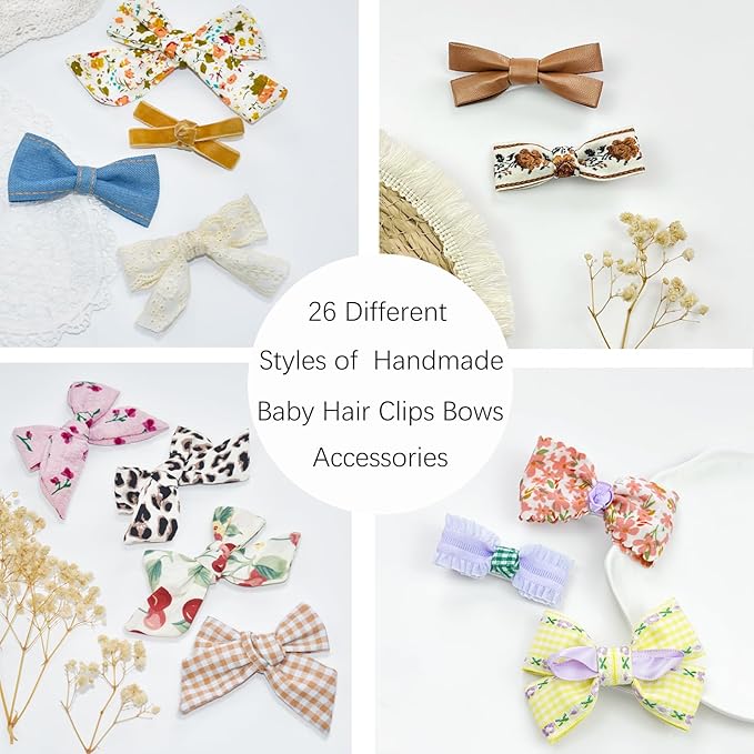 26 Pack Fully Lined Baby Girls Hair Clips Bows Fine Handmade Non Slip Barrettes for Hair Accessories for Little Girls Infants Toddlers