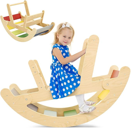 Belleur Wooden Rocking Arch for Toddlers, Rainbow Arch Rocker with High Handle & Backrest, Montessori Balance & Riding Toy for Toddlers 1-5 Years Old, Indoor Play and Ideal Birthday Gift