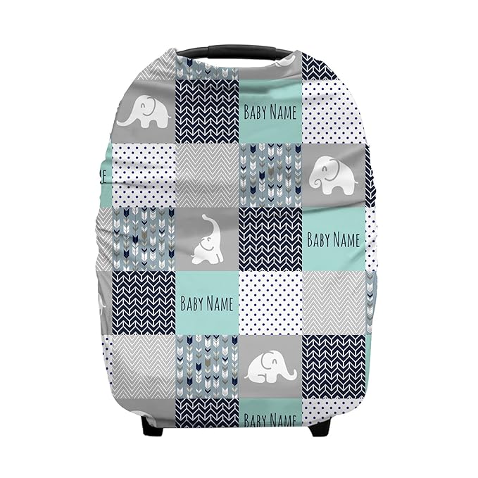 Personalized Baby Car Seat Cover for Boys Girls, Custom Nursing Covers for Breastfeeding with Name, Infant Stroller Cover, Baby Carseat Canopy for Newborn, Multiuse Car Seat Canopies, Cute Elephant