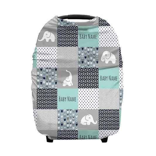 Personalized Baby Car Seat Cover for Boys Girls, Custom Nursing Covers for Breastfeeding with Name, Infant Stroller Cover, Baby Carseat Canopy for Newborn, Multiuse Car Seat Canopies, Cute Elephant
