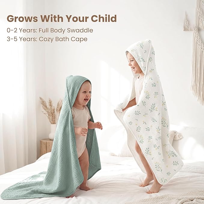 Konssy 2-Pack Muslin Hooded Baby Towels, 100% Cotton, Ultra-Soft & Absorbent Baby Bath Towels with Hood for Newborn & Infant (Green, Leafy,32" x 32")