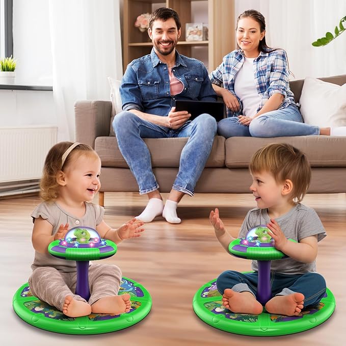 Flooyes Dinosaur Sit and Spin Toys for Toddlers Boys 1 2 3 Years Old, Birthday Gift for Boys Age 2-4 with LED Lights and Music, 360° Spin