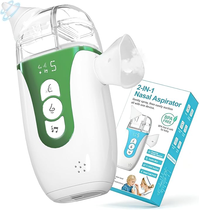Smart Baby Nasal Aspirator, Household 2-in-1 Electric Nose Sucker with 5-Level Suction, Soothing Music, 2 Silicone Tips, USB-C Charge, Storage Case, Baby Nose Aspirator Gift (Mint Green)
