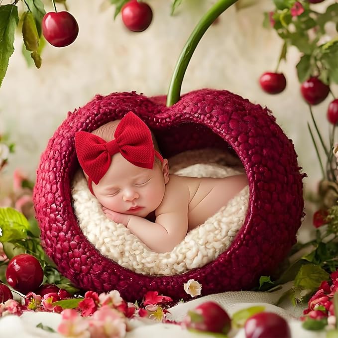 3 Pcs Baby Girl Headbands 4.5’’ Pink Bows Cherry Hair Accessories Summer Outfits for Newborn Infant Toddler Girls Clothes