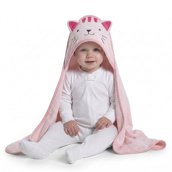 Delta Children Baby/Infant Hooded Bath Towel - Super Soft and Absorbent- Newborn Essential - Ideal Baby Registry/Shower Gift for Boys and Girls, Pink Cat
