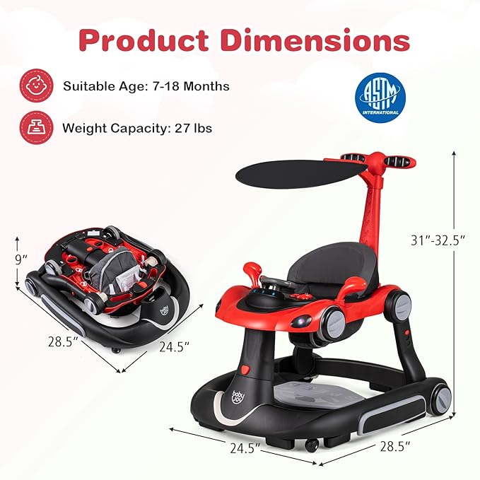 BABY JOY 7-in-1 Baby Walker, Foldable Baby Walker and Bouncer Combo with Handle, Adjustable Height & Speed, Music, Lights, Rocker/Push Mode, Baby Walker with Wheels for Boys Girls 7-18 Months (Red)