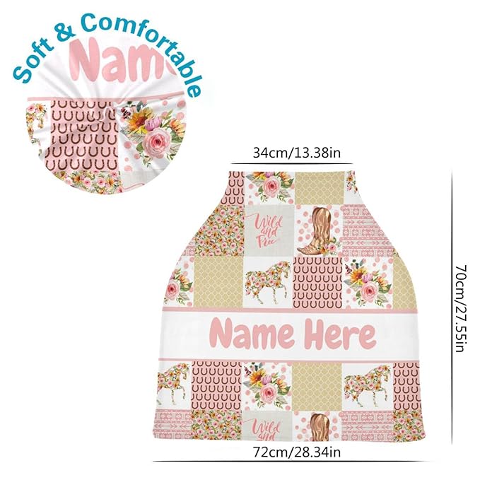 Personalized Floral Horse Baby Car Seat Cover for Babies with Name, Custom Rose Pink Baby Car Seats Canopy for Girls, Nursing Breastfeeding Stroller Covers Infant Car Seat Blanket for Newborn