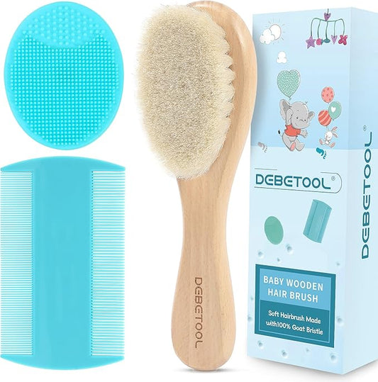 DEBETOOL Cradle Cap Brush and Comb Set with Baby Hair Brush - 3-Piece Wooden Baby Brush Kit for Newborns and Infants