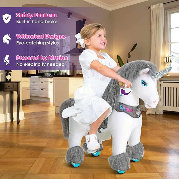 PonyCycle Grey Pony Ride on Horse Unicorn Advanced Model Y Riding Unicorn Ponies Toy (28.7" Height for Kids Ages 3–4) Riding Pony with Wheels, Realistic Birthday Gift for Kids Pony Ride Y356