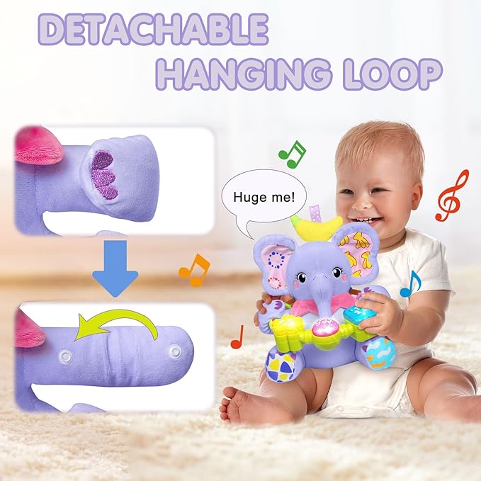 Ryotagift Baby Bilingual Musical Elephant Stuffed Animals Toys,Infant Early Learning Toy with Light-Up Music & Crinkle,Tummy Time Toys for 0 3 6 9 12+ Months for Baby Boy Girl Gift,Purple