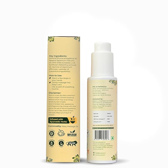Baby Massage Oil, 100% Natural & Ayurvedic, Chemical-Free, Safe for Newborns & Sensitive Skin, Pack of 3, 100ml Each