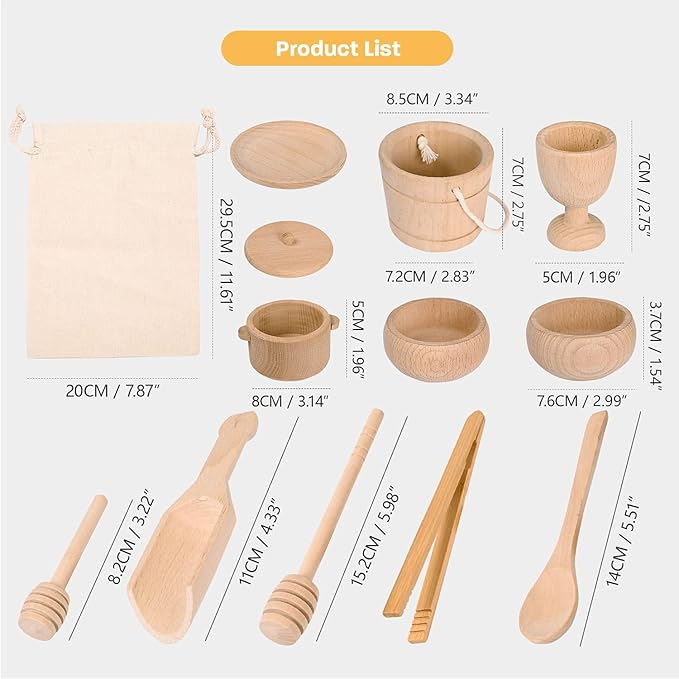 Montessori Sensory Bin Toys for 1 Year Old Toddlers, 11pcs Wooden Waldorf Toys - Wooden Scoops and Tongs for Transfer Work and Fine Motor Skills Development