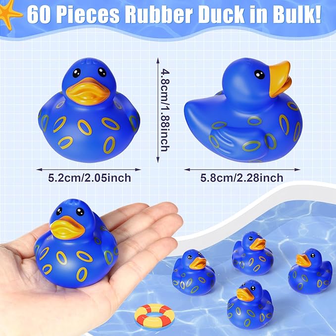 60 Pcs Blue Gold Ring Party Favors - 2 Inch Rubber Duck in Bulk Mini Duckies for Ducking, Tiny Ducks for Kids Birthday Party Gifts Baby Shower Bath Time Piñata Fillers Gift Bag Stuffers