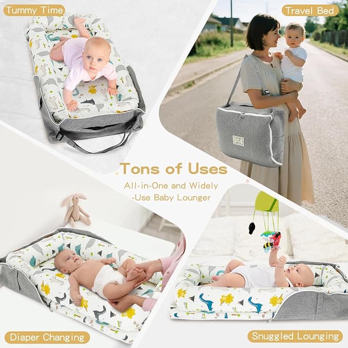 Baby Lounger for Newborn Infant - Ultra Soft Breathable Baby Nest with Ergonomic Womb-Like Design, Adjustable Bumper, Portable Travel Baby Bassinet for Sleep & Rest - Blue Dinosaur