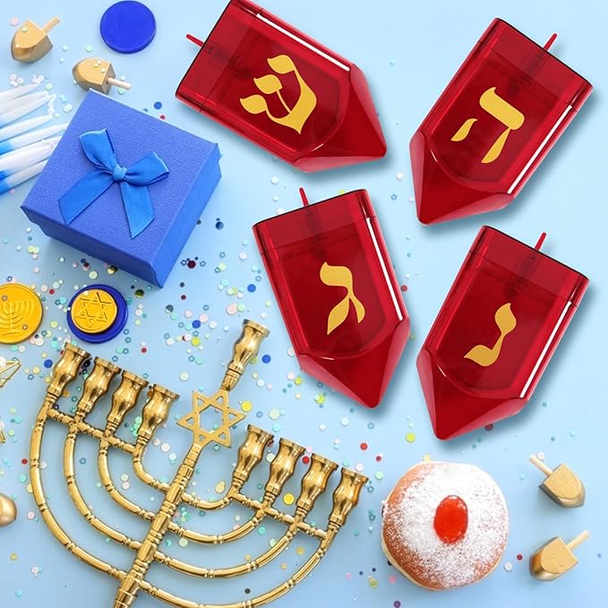 Large Fillable Dreidels for Hanukkah, Pack of 4 Plastic Dreidels Bulk, Red Large Dreidels That Bring Joy and Tradition to Every Celebration