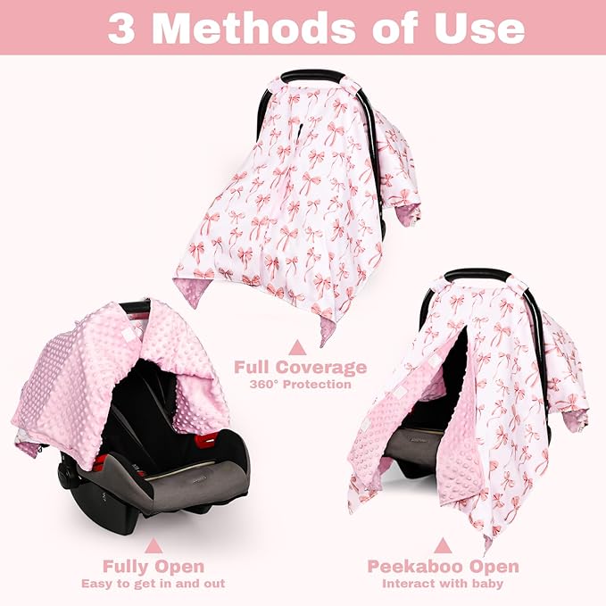 Baby Car Seat Cover, Minky Carseat Cover Baby Girl, Peekaboo Opening Infant Car Seat Cover, Warm Baby Car Seat Canopy for Winter, Pink Bow